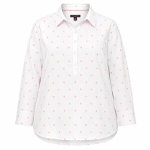 Talbots Plus Womens 3X White Neon Pink Clip Dot Long Sleeve Popover Shirt Blouse